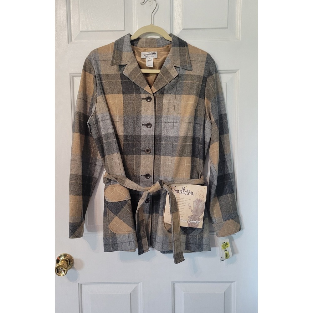 Pendleton Wool Belted Jacket Neutral Plaid Womens Medium Old Money Classic‎ NWT